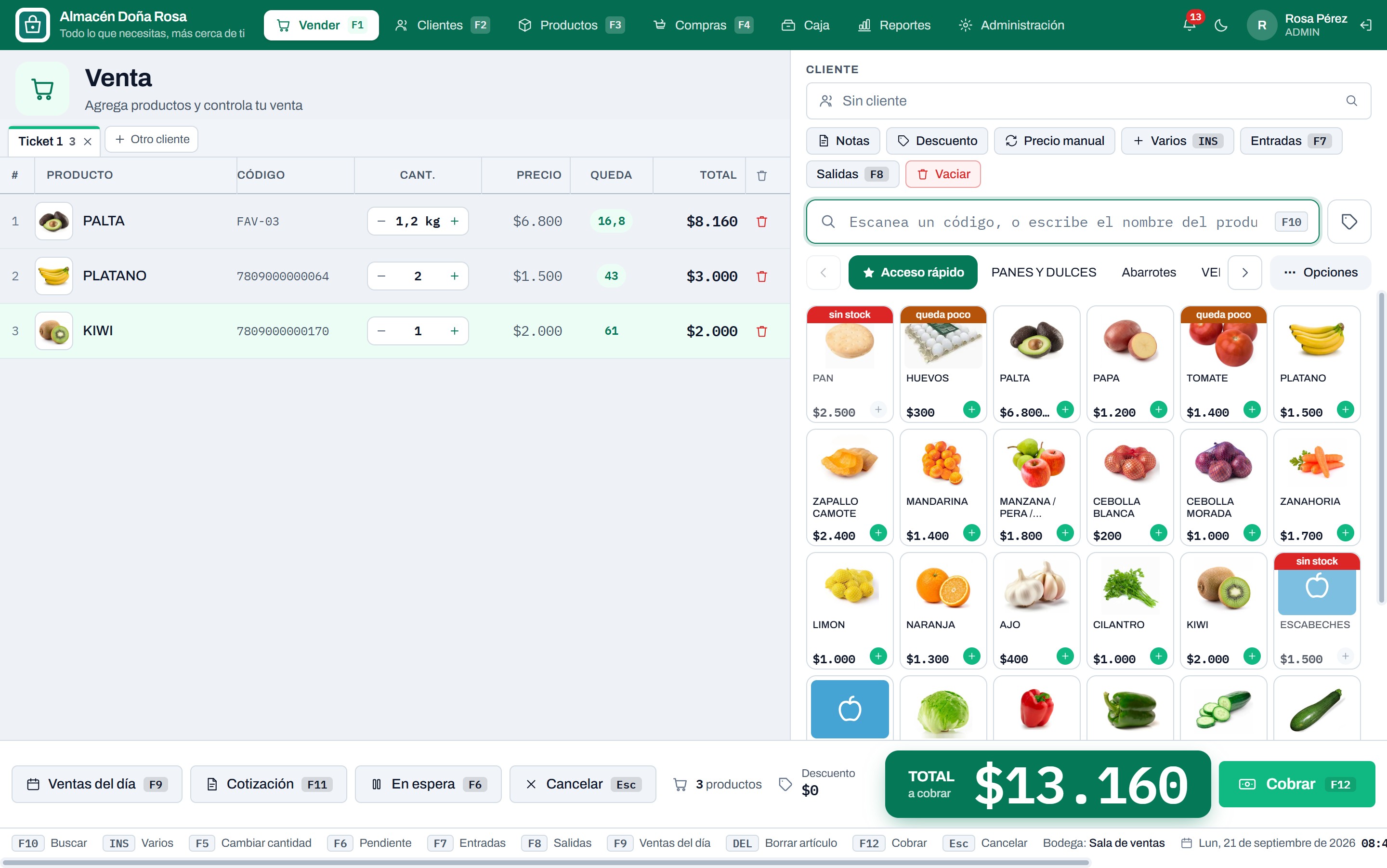 La pantalla de venta de ProgresoPOS: el ticket a la izquierda, los favoritos con foto a la derecha y el total a cobrar en grande